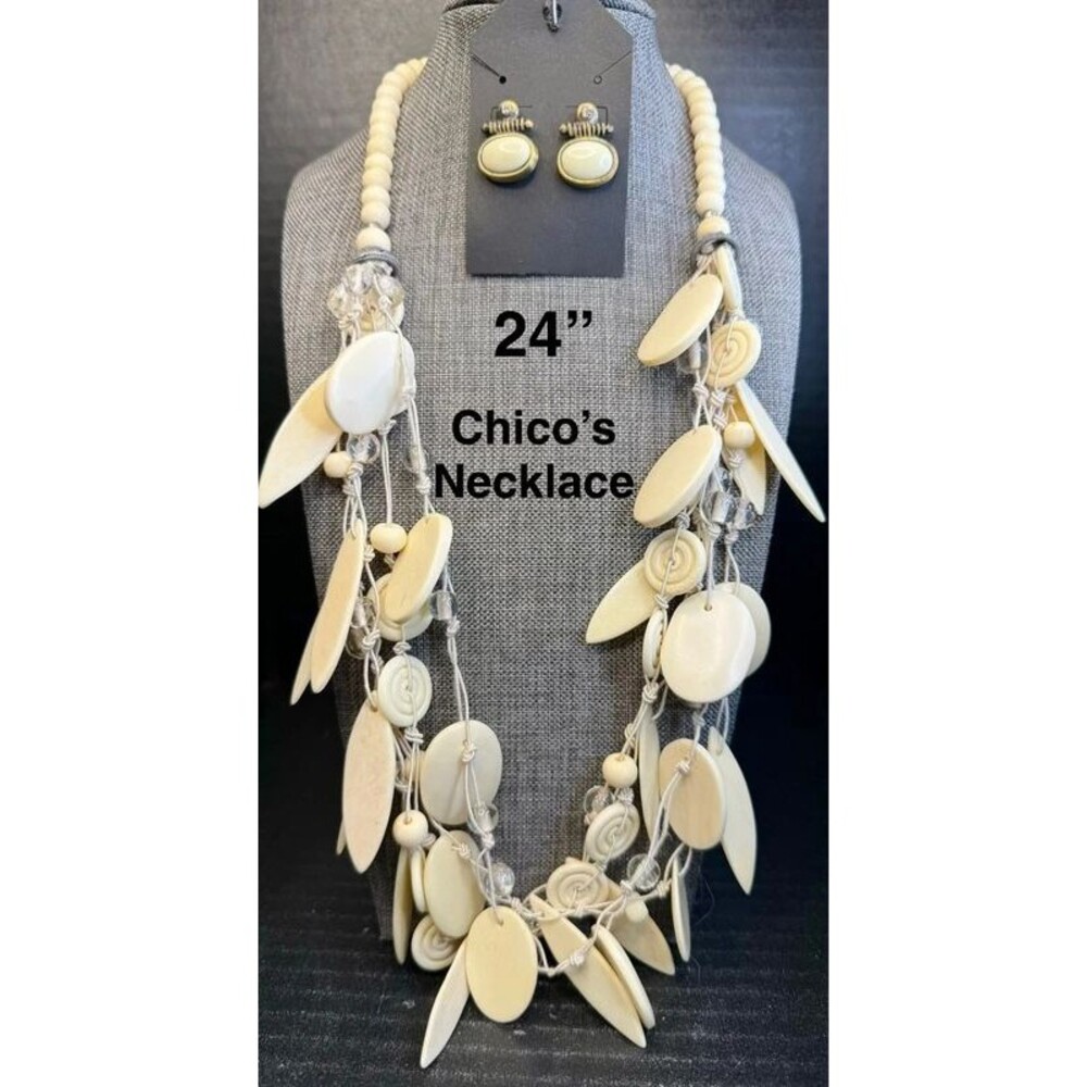 38. Chico's Vintage Cream Mixed-Media Charm Statement Necklace & Earring Set